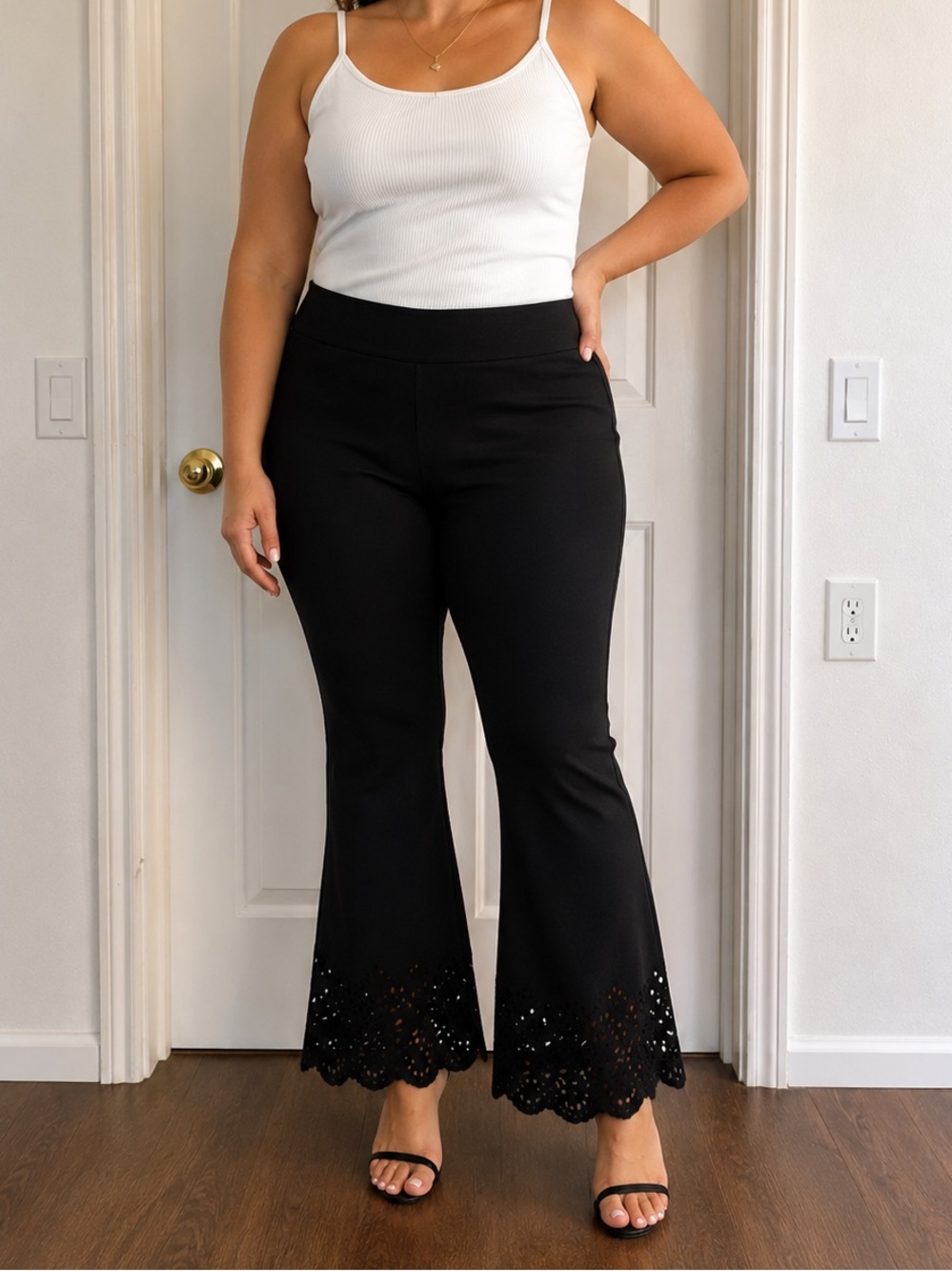 SHEIN Black Wide Leg Pants with Laser-Cut Scalloped Hem